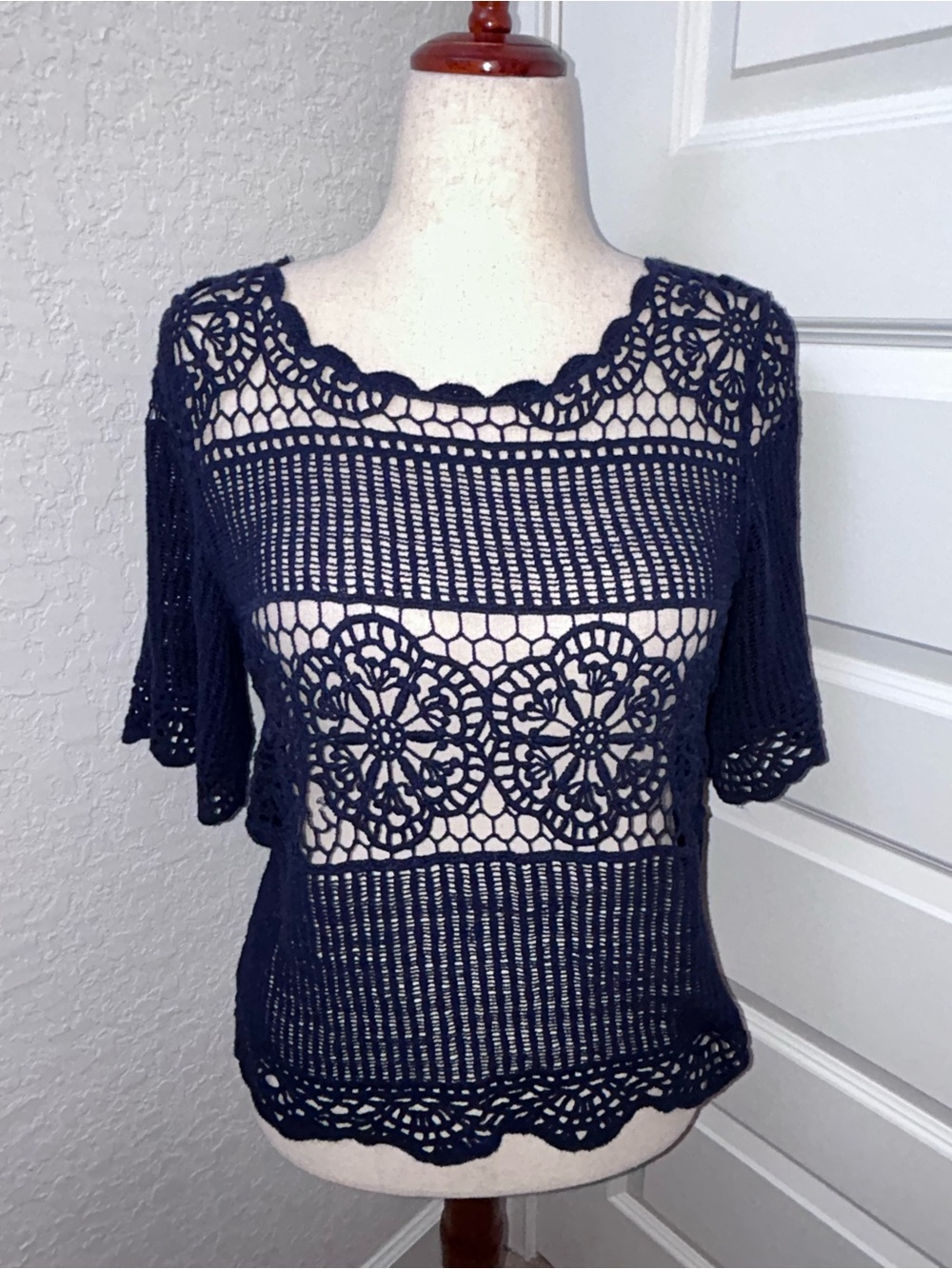 James Coviello Anthropologie Janice Lace Crochet Short Sleeve Shirt Top